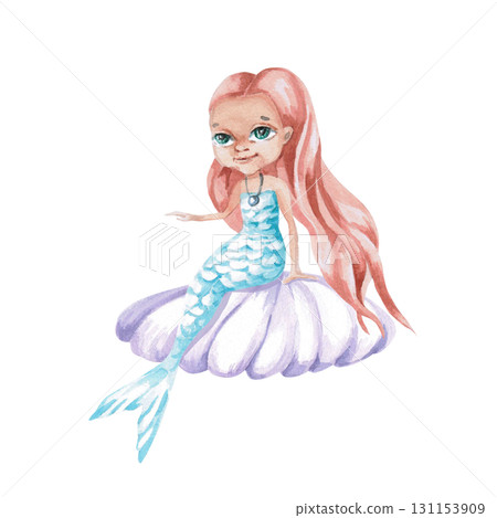 A red-haired mermaid on a shell. Isolated watercolor illustration of a fairytale character for children's interiors, cosmetics, clothing prints, greeting card designs, and themed holidays. A red-haired mermaid on a shell. Isolated watercolor illustration of a fairytale character for children's interiors, cosmetics, clothing prints, greeting card designs, and themed holidays. 131153909