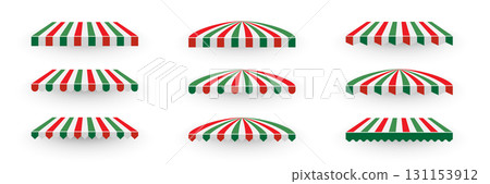 Red, white and green striped awning set. Collection of different shop canopies. Storefront sunshade elements for market stalls, cafes, outdoor shops. Realistic vector illustrations Red, white and green striped awning set. Collection of different shop canopies. Storefront sunshade elements for market stalls, cafes, outdoor shops. Realistic vector illustrations 131153912
