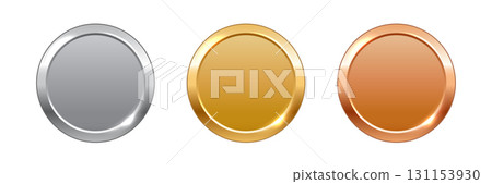 Gold, silver, bronze circle medals. Metal coins. First, second, third place award frames isolated on white background. Winners trophy. Blank shiny badge, label. Realistic vector illustration 131153930