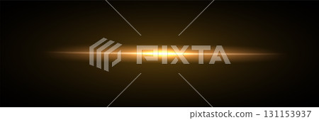 Golden horizontal light flare on dark background. Bright glowing burst with soft glow edges. Gold light effect for festive, magical, sci fi themes. Abstract vector illustration 131153937