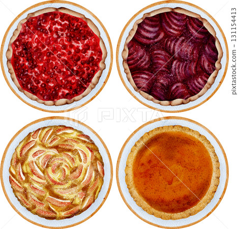 Set of autumn sweet pies, top view, watercolor illustration. 131154413