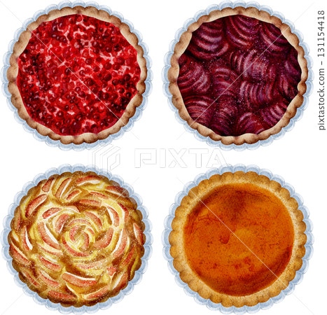 Set of autumn sweet pies, top view, watercolor illustration. 131154418