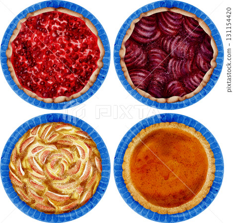 Set of autumn sweet pies, top view, watercolor illustration. 131154420