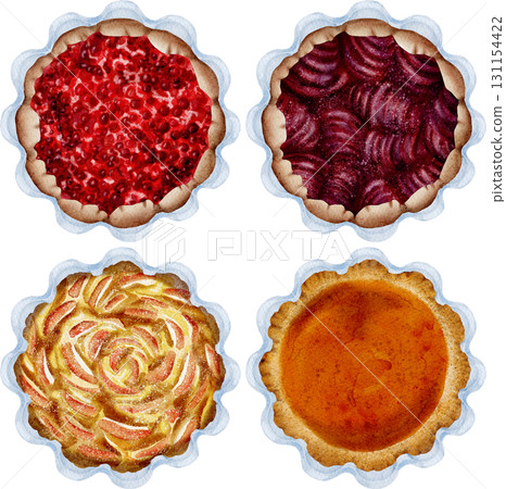 Set of autumn sweet pies, top view, watercolor illustration. 131154422