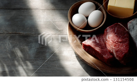 Fresh cuts of meat, eggs, and butter arranged on wooden table showcasing traditional cuisine concept 131154508
