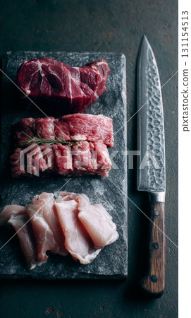 Fresh cuts of meat displayed on a stone board with a sharp knife highlighting culinary traditions Fresh cuts of meat displayed on a stone board with a sharp knife highlighting culinary traditions 131154513