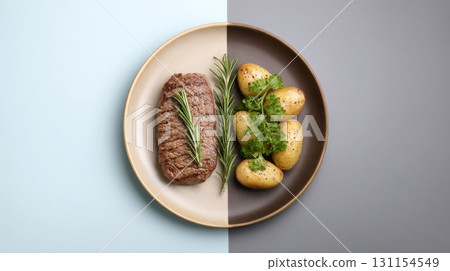 Juicy steak with rosemary and seasoned potatoes on a stylish plate showcasing modern cuisine concept 131154549