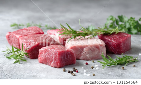Fresh cuts of meat arranged on a gray surface with herbs and spices showcasing culinary potential 131154564