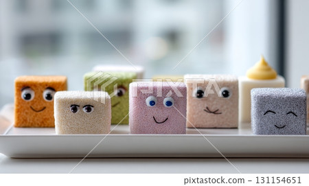 Colorful mini cakes with faces on a plate, brightening up a cheerful kitchen, ideal for mindful eating 131154651