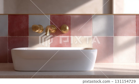 Colorful handmade ceramic tiles enhance the aesthetic of a modern bathroom space with a unique design 131154729