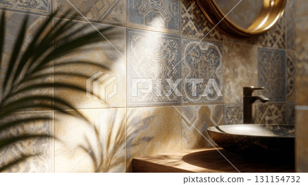 Vibrant handmade ceramic tiles on an accent wall enhance the bathroom's creative atmosphere Vibrant handmade ceramic tiles on an accent wall enhance the bathroom's creative atmosphere 131154732