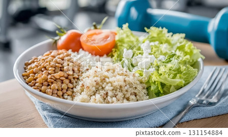 Post-workout meal includes lentils, quinoa, tomatoes, and greens on a white plate for balanced nutrition Post-workout meal includes lentils, quinoa, tomatoes, and greens on a white plate for balanced nutrition 131154884