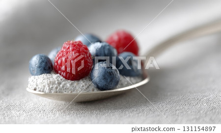 Chia pudding is served on a spoon, garnished with vibrant raspberries and blueberries for a nutritious treat 131154897
