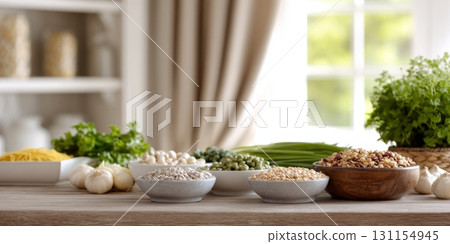 A kitchen island displays assorted fiber-rich foods like grains, nuts, and fresh herbs promoting wellness A kitchen island displays assorted fiber-rich foods like grains, nuts, and fresh herbs promoting wellness 131154945
