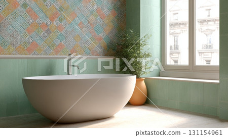 Colorful handmade tiles enhance a cozy bathroom with a unique accent wall and modern features Colorful handmade tiles enhance a cozy bathroom with a unique accent wall and modern features 131154961