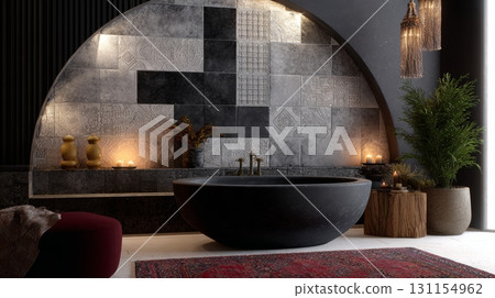 Vibrant tiles add texture and style to an elegant bathroom with a soaking tub and soft lighting 131154962