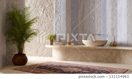 Handmade ceramic statement tiles bring color and texture to a stylish bathroom accent wall 131154963