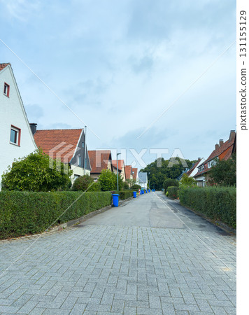 Calm suburban street lined with hedges and homes on an overcast day in a peaceful neighborhood 131155129