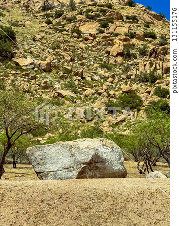 Large granite boulder stands prominently in a rocky desert landscape with scattered vegetation under a clear blue sky 131155176