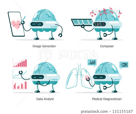 AI robotic brain has various abilities . They can draw picture, compose music, analyze data and diagnose disease . Cartoon illustration . Isolated white background . Vector . AI robotic brain has various abilities . They can draw picture, compose music, analyze data and diagnose disease . Cartoon illustration . Isolated white background . Vector . 131155187