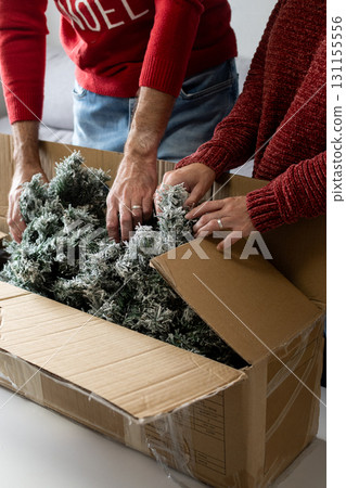 Young couple unpacking Artificial Christmas Tree from Storage Box at home 131155556