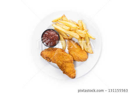 Crispy fried chicken tenders with french fries 131155563