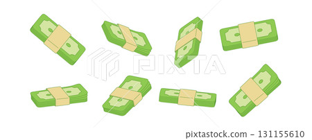 Flat line art illustration of green money stacks in different isometric angles and perspectives. Minimal 3D effect, finance, banking, cash, savings or investment asset isolated on white background 131155610