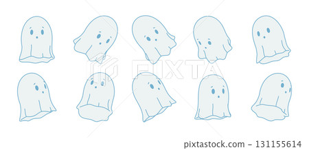Flat line art illustration of cute blue ghosts in different isometric angles and perspectives. Minimal 3D effect, Halloween, spooky or cartoon character isolated on white background Flat line art illustration of cute blue ghosts in different isometric angles and perspectives. Minimal 3D effect, Halloween, spooky or cartoon character isolated on white background 131155614