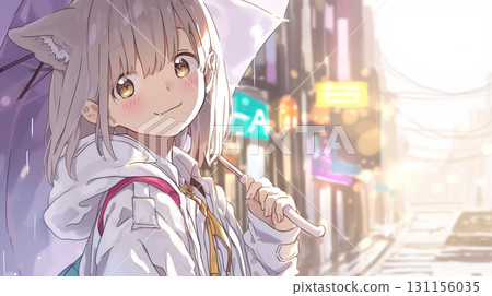 一個戴著貓耳朵的可愛女孩在下雨天微笑 131156035