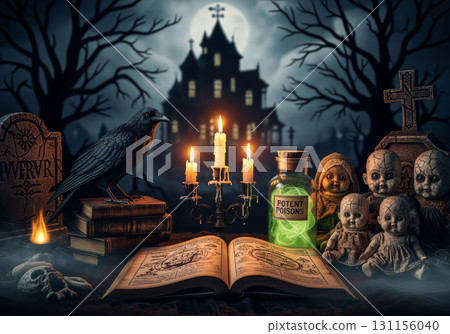 A mystical and spooky Halloween scene is set on a dark surface. 131156040