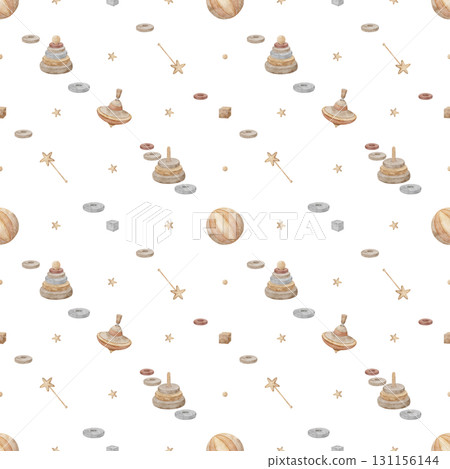 Watercolor pattern wooden toys, spinning top, pyramid, stars. Hand drawn illustration in childish vintage style. Seamless print isolated on background for textiles, fabrics clothes wallpaper packaging Watercolor pattern wooden toys, spinning top, pyramid, stars. Hand drawn illustration in childish vintage style. Seamless print isolated on background for textiles, fabrics clothes wallpaper packaging 131156144