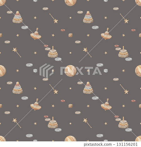 Watercolor pattern wooden toys, spinning top, pyramid, stars. Hand drawn illustration in childish vintage style. Seamless print on dark gray background for textiles fabrics clothes wallpaper packaging Watercolor pattern wooden toys, spinning top, pyramid, stars. Hand drawn illustration in childish vintage style. Seamless print on dark gray background for textiles fabrics clothes wallpaper packaging 131156201
