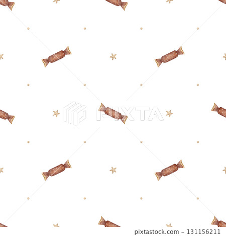 Pattern candies in red retro wrappers, stars, sweets, party treats. The watercolor illustration is hand drawn in childish vintage style. Seamless print isolated from background for fabrics, textiles 131156211