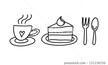 Line art sketch of cute coffee or tea cup, cake slice and a fork and spoon. Cozy cafe moments, sweet indulgences doodle illustration. 131156330