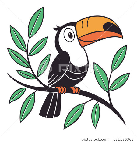 Cartoon Toucan Perched on a Branch with Green Leaves, Isolated on White Background 131156363