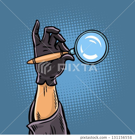 Gloved hand holding magnifying glass noir close up Gloved hand holding magnifying glass noir close up 131156558