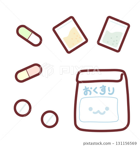 Cute medical illustration icon depicting tablets, capsules and medicine bags 131156569