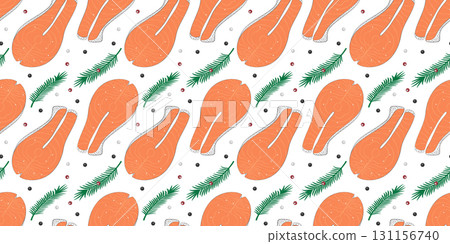 Salmon Steak with Allspices and Rosemary Twigs Seamless Pattern Healthy Eating Fond Banner Format Salmon Steak with Allspices and Rosemary Twigs Seamless Pattern Healthy Eating Fond Banner Format 131156740