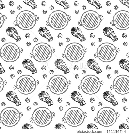 Grill Pan Salmon Steak and Brussels sprouts Seamless Pattern Black and White Healthy Eating Backdrop 131156744