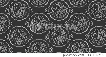 Fried Egg and Bacon Strips in Grill Pan Seamless Pattern Chalk Effect Food Background Banner Format 131156746