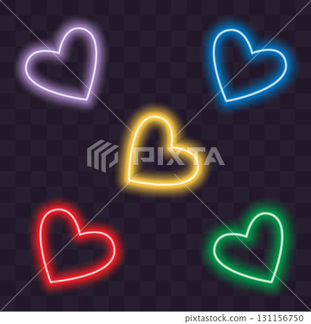 Decorative Neon Colorful Hearts Trendy Lavender Blue Green Red and Yellow Glowing Design elements 131156750