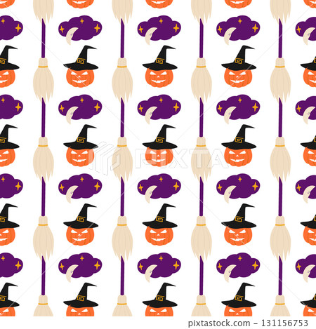 Brooms Crescent on Clouds with Stars and Halloween Pumpkin in Witch Hat Seamless Pattern Halloween Brooms Crescent on Clouds with Stars and Halloween Pumpkin in Witch Hat Seamless Pattern Halloween 131156753