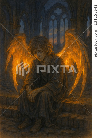 廢墟中沉思的墮落天使插畫 131156942