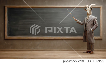 山羊老師在黑板上授課的教室 131156958