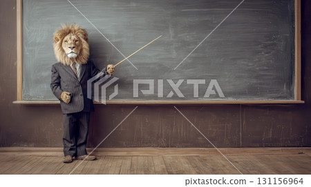 獅子老師在黑板上授課的教室 131156964