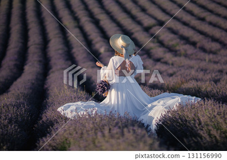 Lavender Fields Woman Dress Provence: Woman in white dress sits amidst rows of purple lavender in Provence, France, during sunset, enjoying the scenery. 131156990
