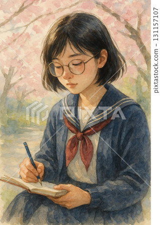 櫻花樹下寫日記的日本女學生插畫 櫻花樹下寫日記的日本女學生插畫 131157107