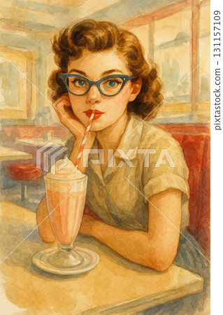 American retro restaurant girl illustration retro milkshake and glasses girl 131157109