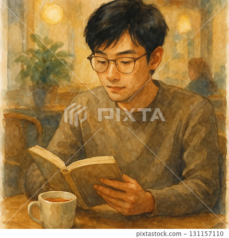 Illustration of a man reading in a cafe, warm and artistic atmosphere Illustration of a man reading in a cafe, warm and artistic atmosphere 131157110