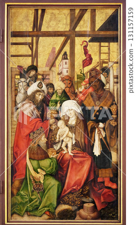 Nativity Scene, Adoration of the Magi, main altar in Marienkapelle in Wurzburg, Bavaria, Germany 131157159